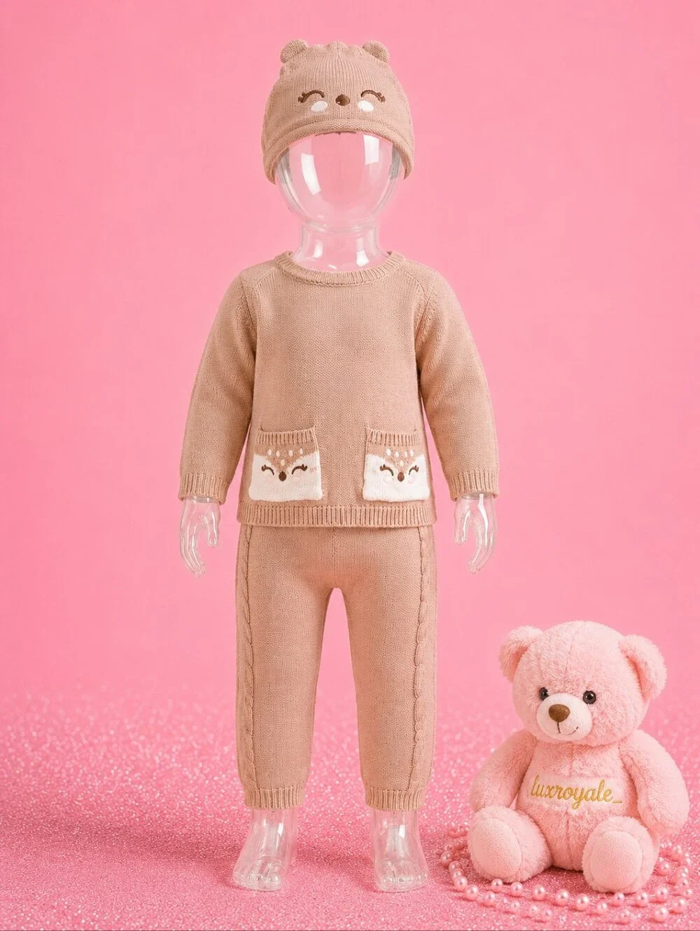 Little Lass by Bealls Baby Girl Knit Sweater Set 12 Months Bear Hat 3 Piece Outf